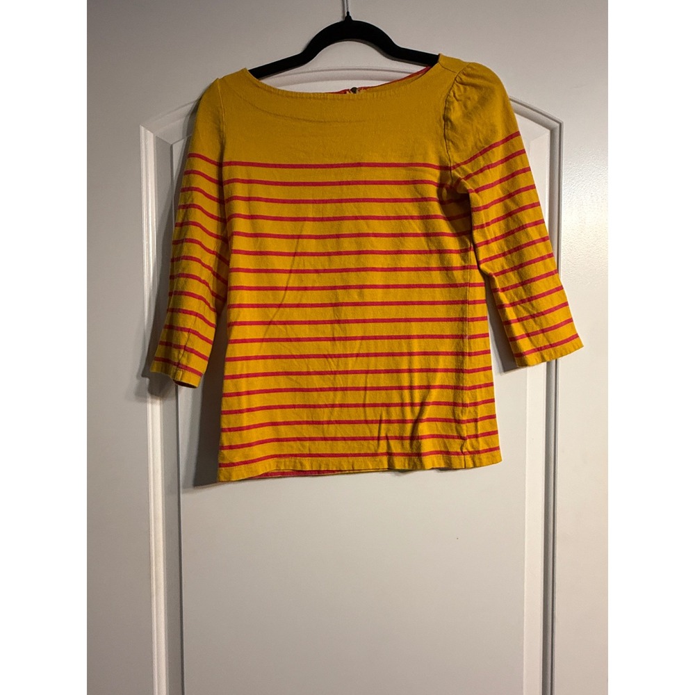 Loft Striped Top XS Yellow Pink 3/4 Sleeve Boat Neck Cotton Zip Back Nautical